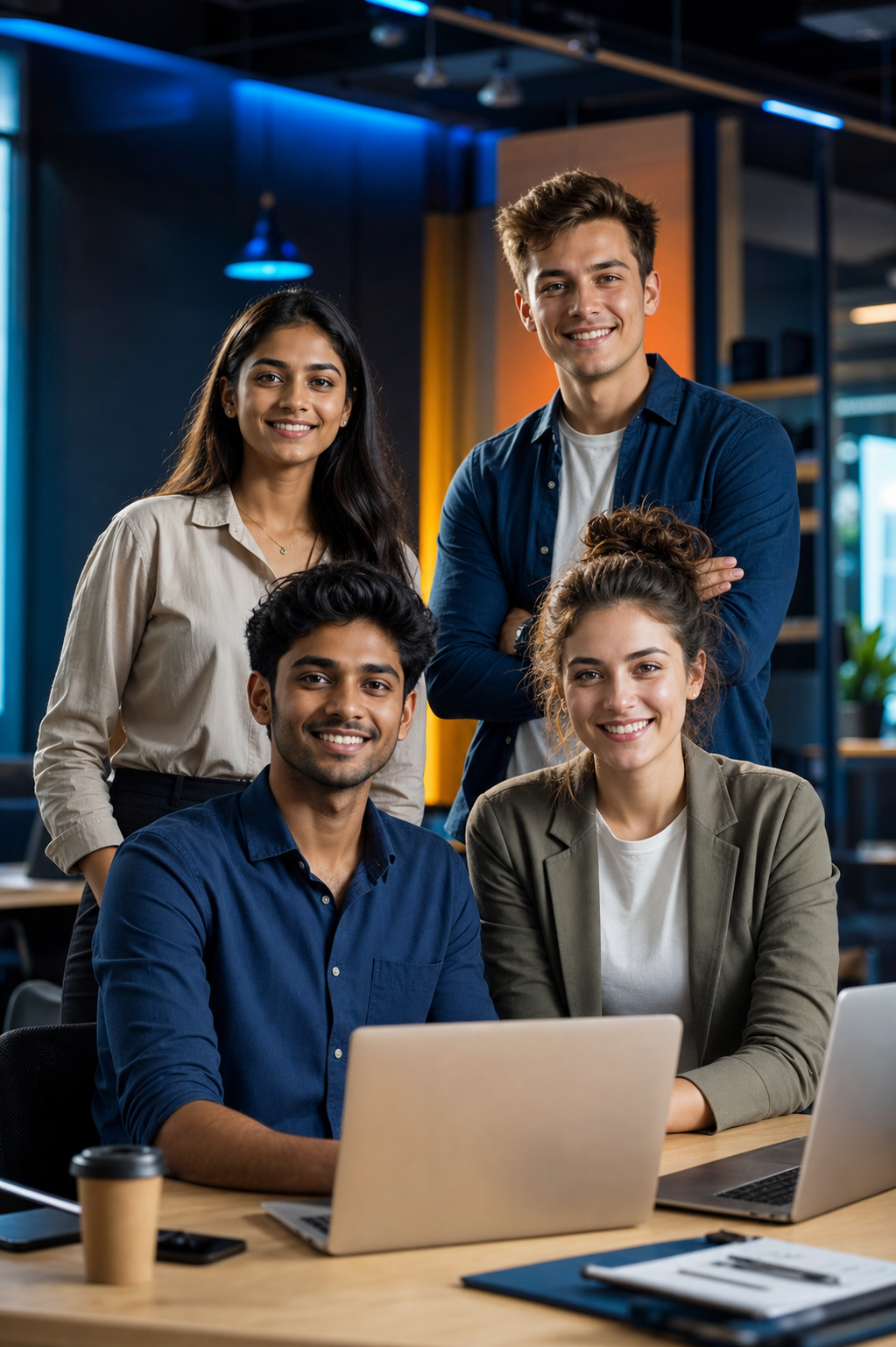Young Indian and Australian technology graduates in a professional workshop setting